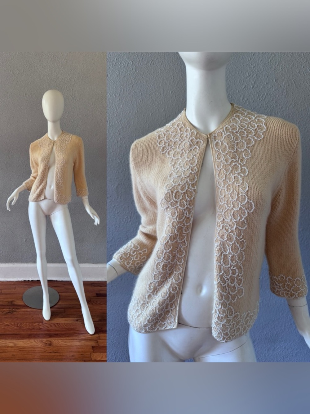 Vintage 50s 60s Rockabilly Ivory Beaded Angora Wool Cardigan Sweater M